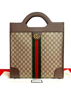 Gucci Ophidia GG Supreme Sherry Line Leather Tote Bag Business Brown